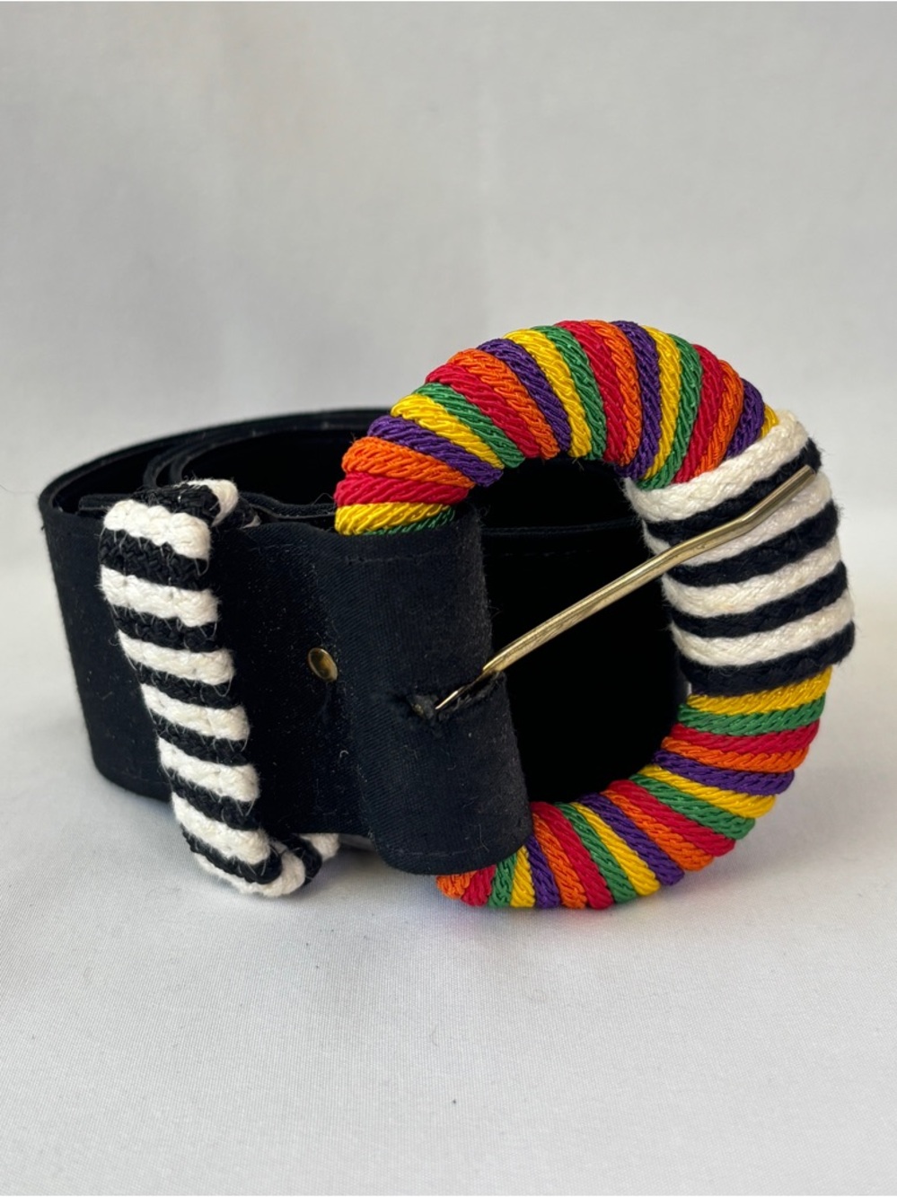 Vintage Victoria Morgan Black Women's Belt with Rainbow Wrapped Buckle M